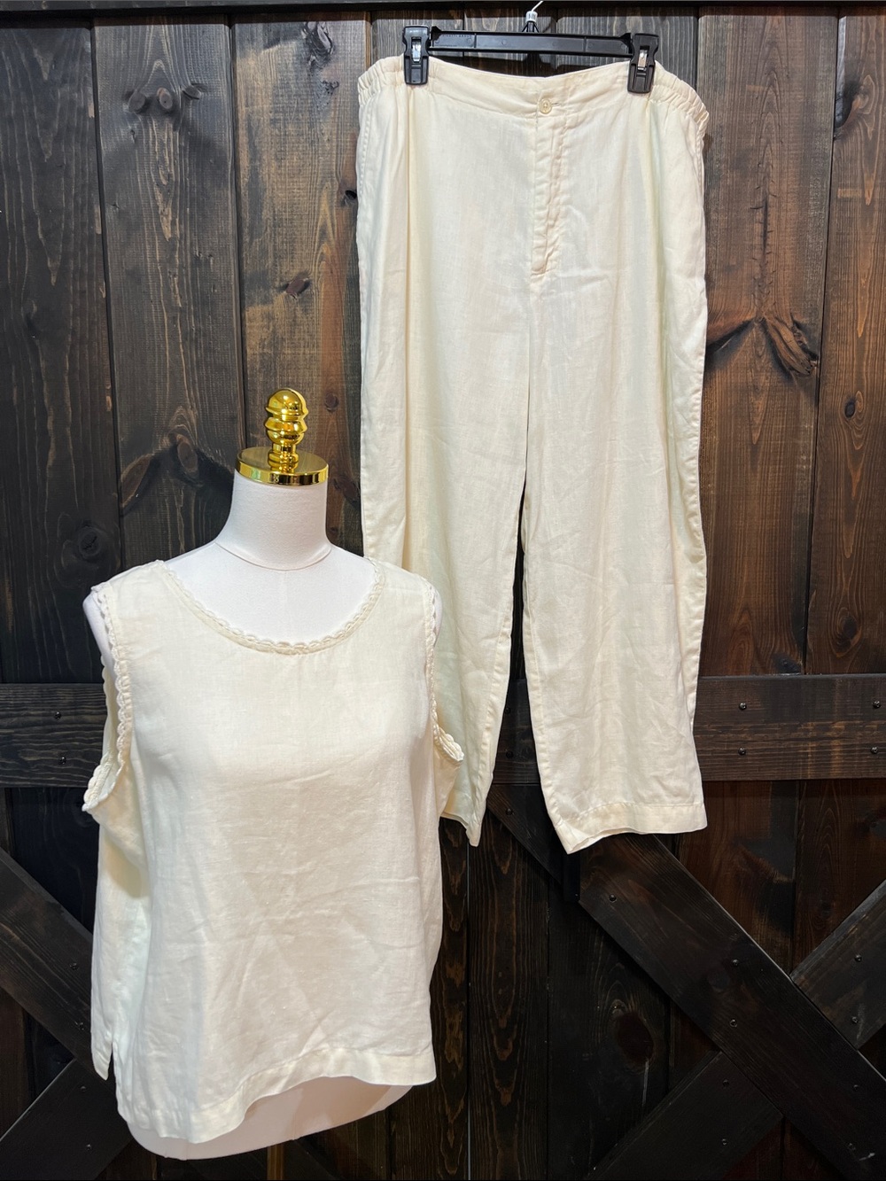 Vintage Bagatelle Cream Linen Set XL 16 2pc. Tank Pants Lace Trim Boho Coastal